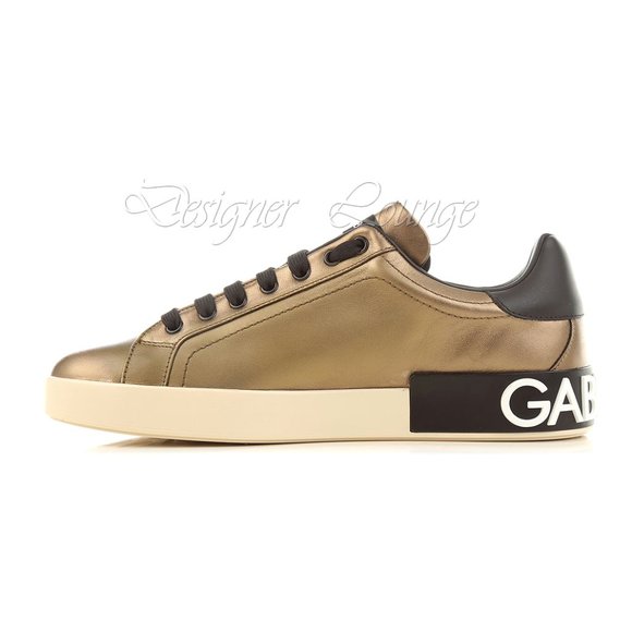NEW DOLCE & GABBANA Gold-Tone Leather Logo Men's PORTOFINO Sneakers EU 42 / US 9 - Picture 4 of 10